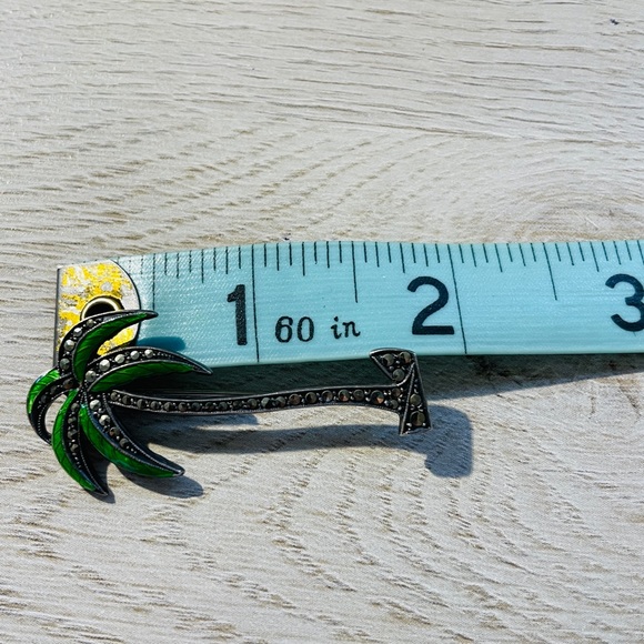 Vintage Sterling Silver Palm Tree Brooch Pin Green Enamel Leaves - Picture 7 of 7